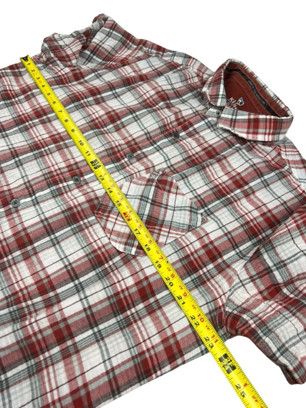 Kuhl Shirt Mens XL Red Gray Plaid Button Up Trail Hiking Outdoors Organic Cotton